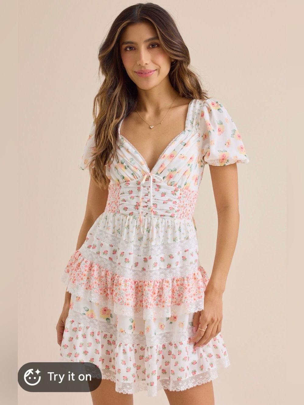 Floral Tiered Puff-Sleeve Dress in White and Pink